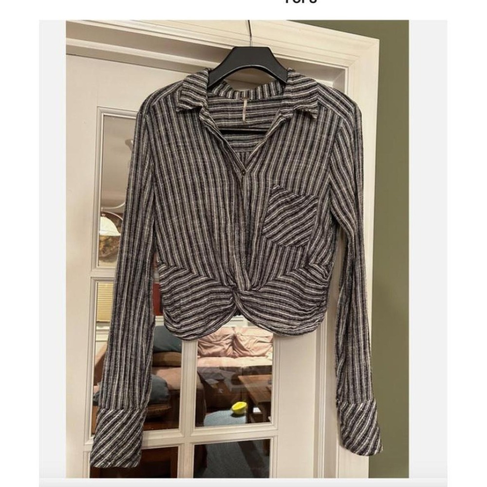 Free People Lust 4 Life Striped Knot Front Crop Top Grey Small OB847307